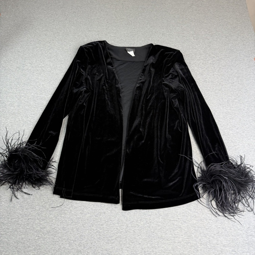 NWT MSK Black Velvet Blazer Feather Cuff Jacket Open Front Whimsigoth Holiday